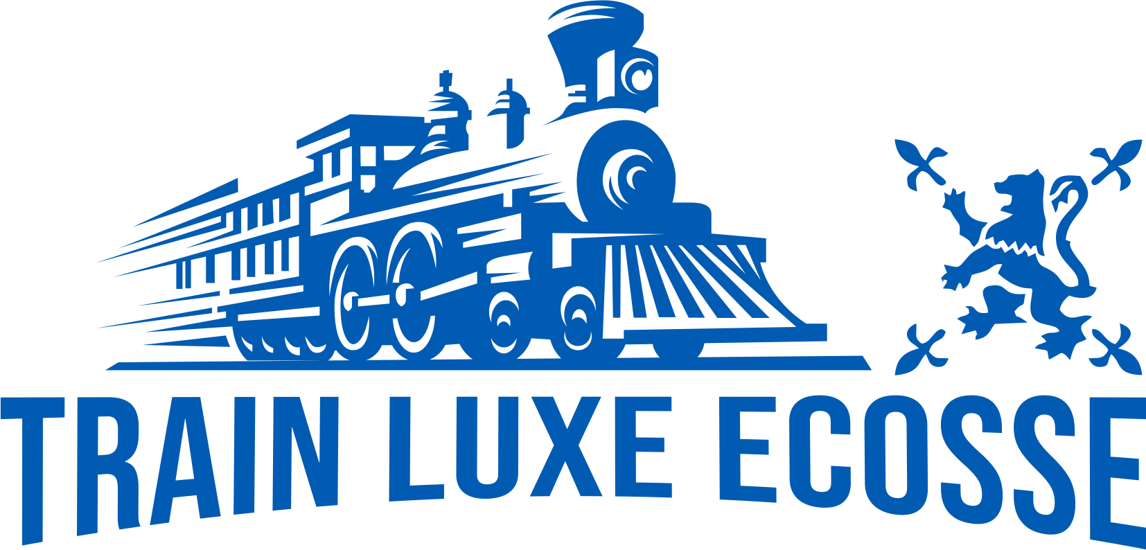 Logo Train Luxe Ecosse avec locomotive à vapeur bleue et blason écossais