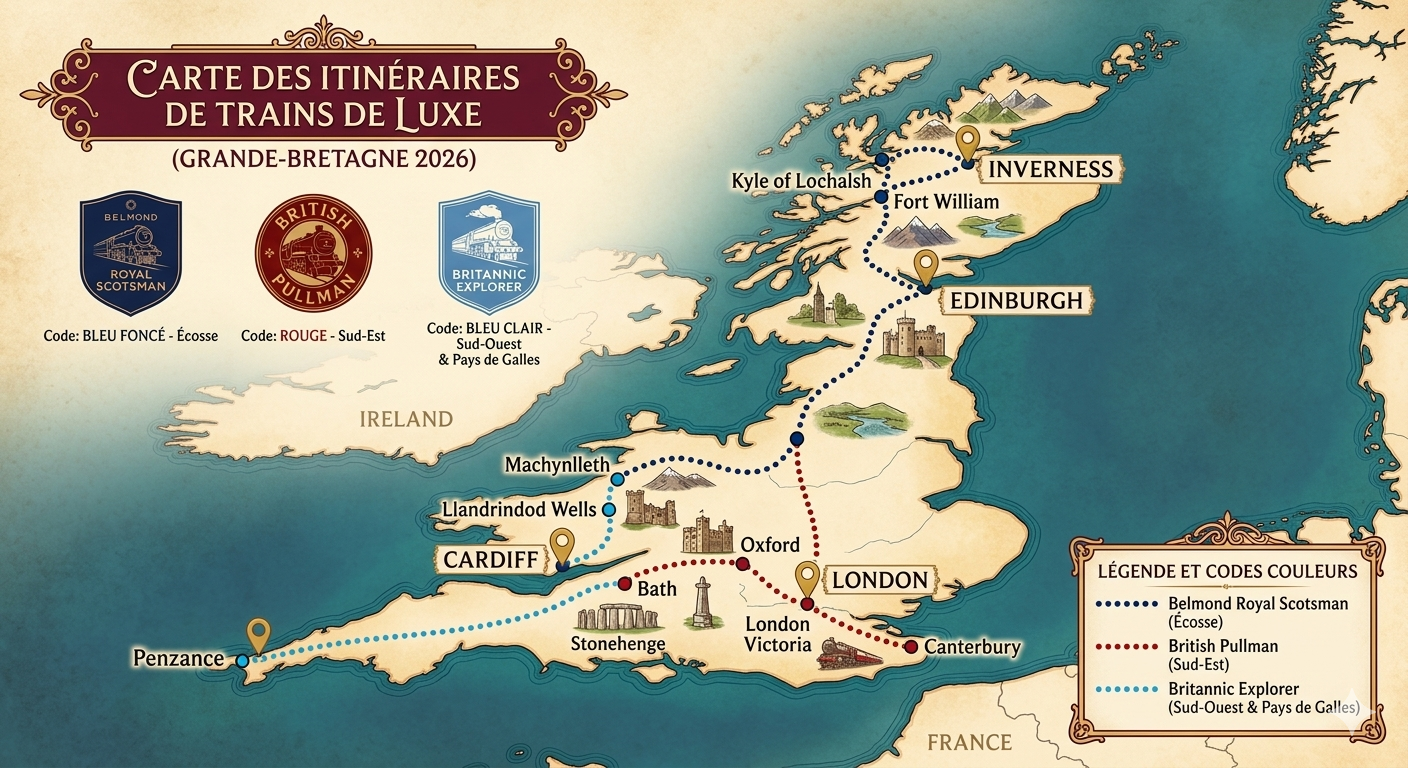 Carte des trains de luxe au Royaume-Uni et en Irlande