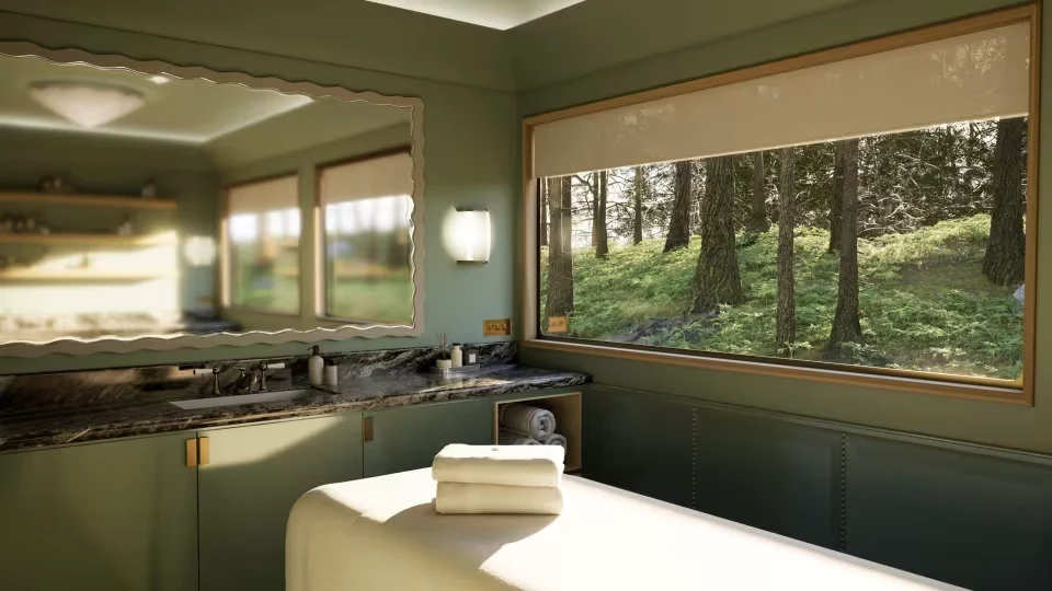 Spa &agrave; bord du Britannic Explorer &mdash; espace d&eacute;tente, lumi&egrave;re tamis&eacute;e, luxe ferroviaire